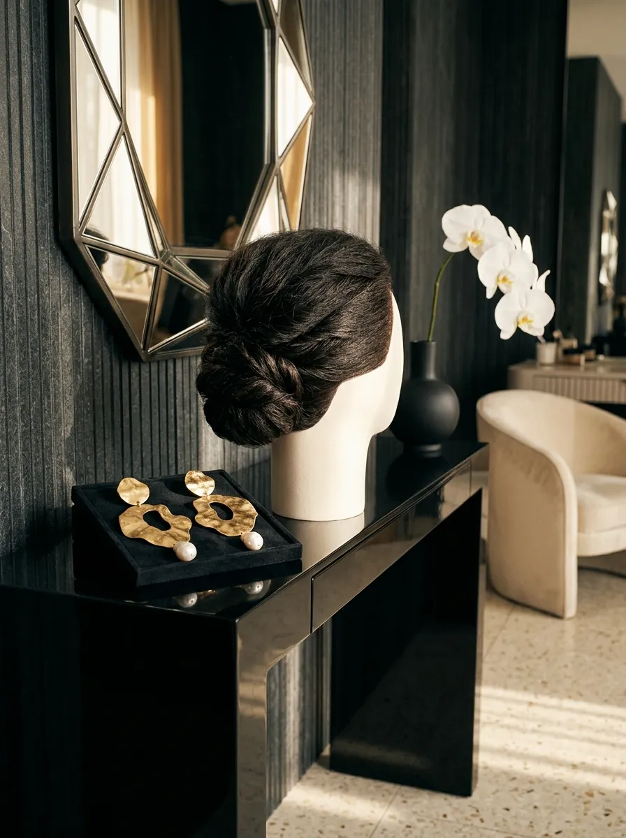 Statement Earring Updo bridal hairstyle idea for reception wedding hairstyles to dance the night away with elegant textured finish