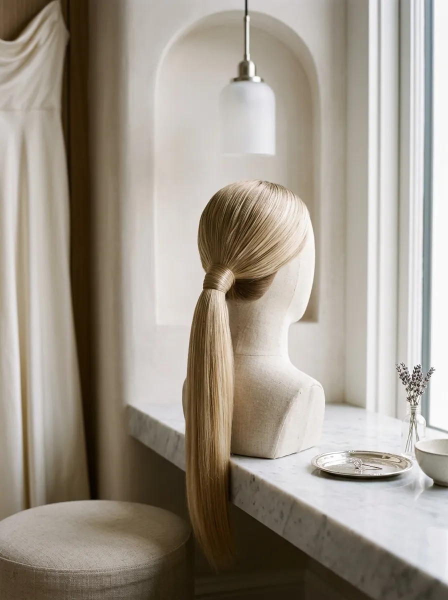 Streamlined Ponytail Wrap bridal hairstyle idea for minimalist wedding hairstyles for a modern bride with elegant textured finish