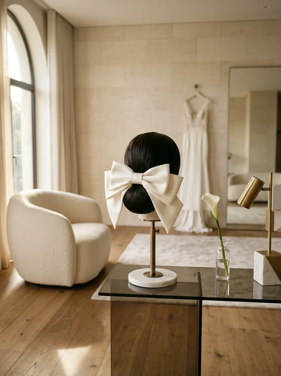 Structured Bow Chignon bridal hairstyle idea for chignon wedding hairstyles for a classic bride look with elegant textured finish