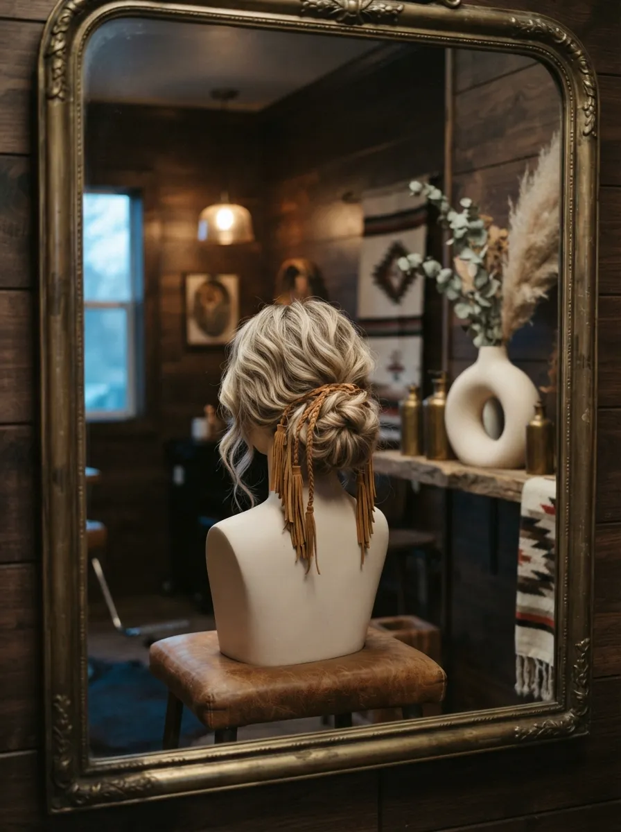Suede Fringe Accent Updo bridal hairstyle idea for western wedding hairstyles for a rustic, chic bride with elegant textured finish