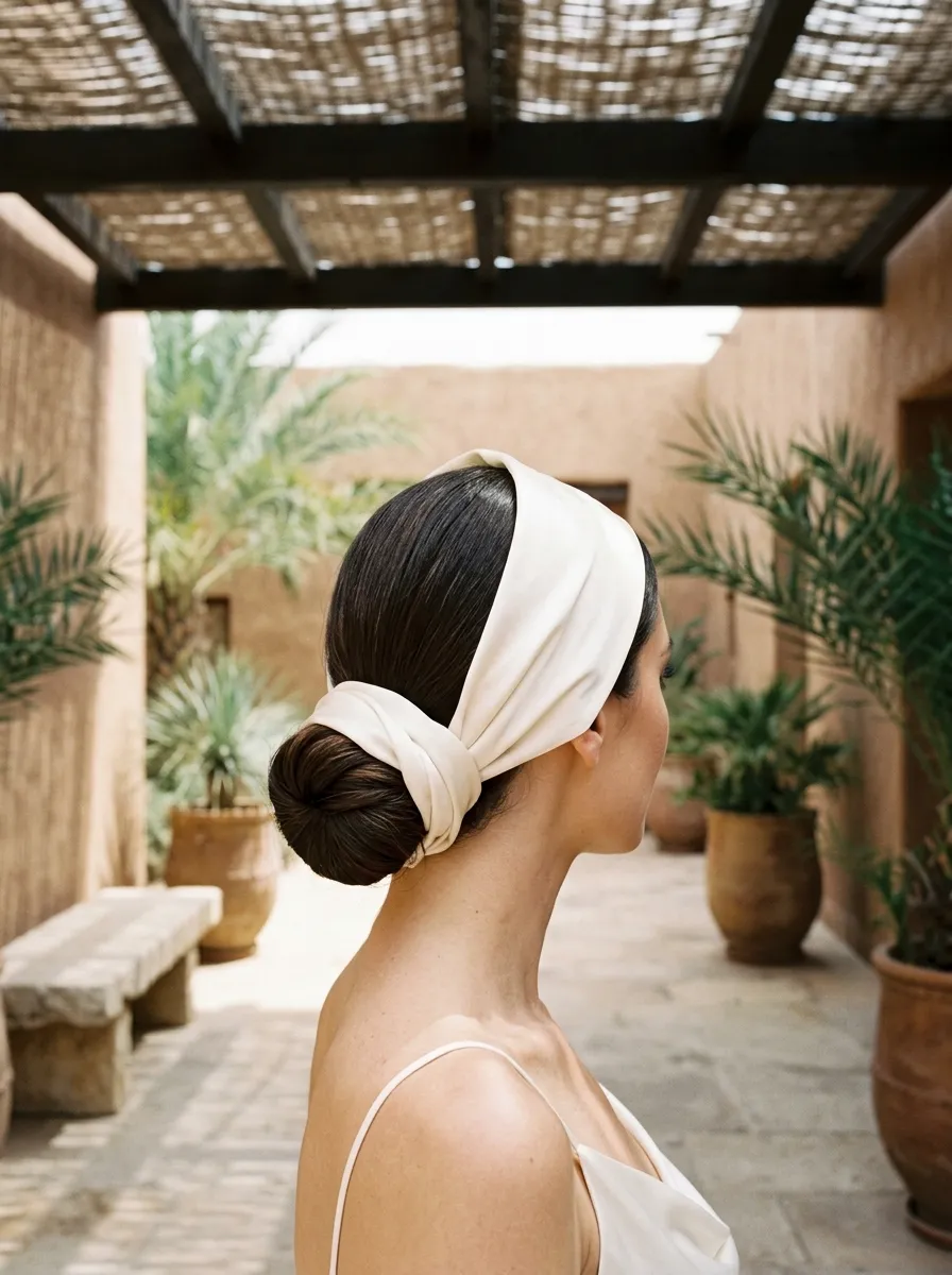 Sun Protected Updo bridal hairstyle idea for destination wedding hairstyles that beat the heat with elegant textured finish