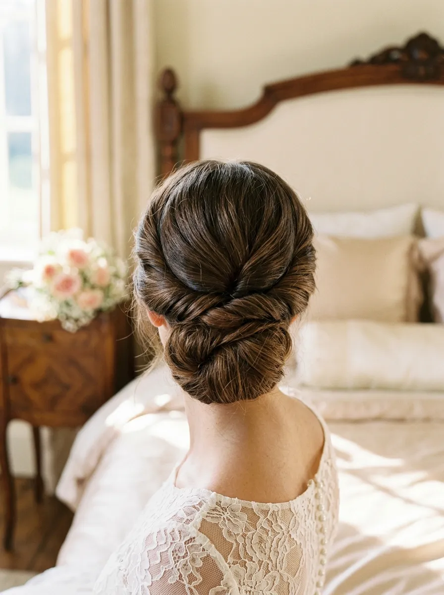 Sweetheart Twist Bun bridal hairstyle idea for romantic updo wedding hairstyles for your big day with elegant textured finish