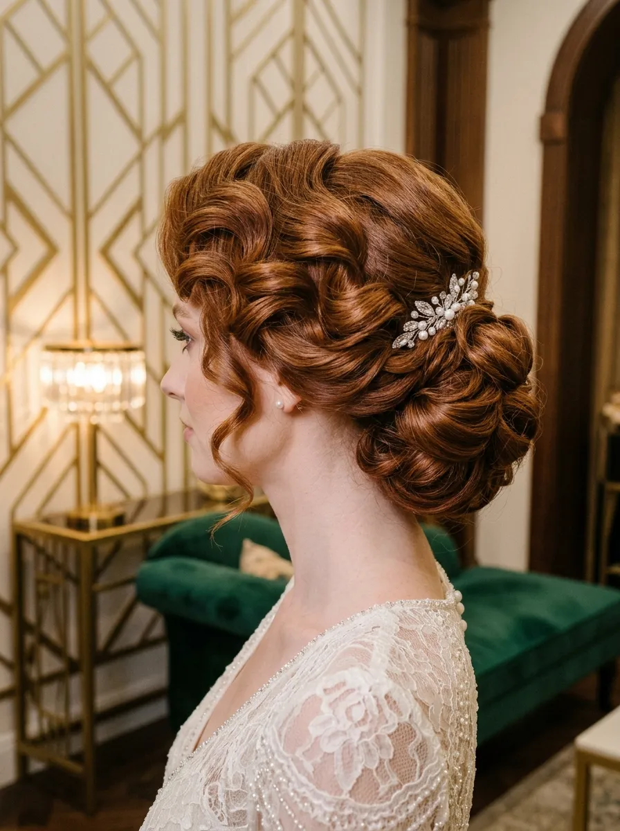 Swept Curl Updo bridal hairstyle idea for romantic updo wedding hairstyles for your big day with elegant textured finish