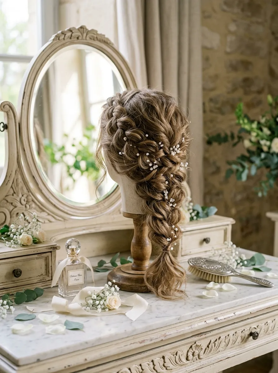 Teased Braid Look bridal hairstyle idea for fine hair wedding hairstyles that add volume fast with elegant textured finish