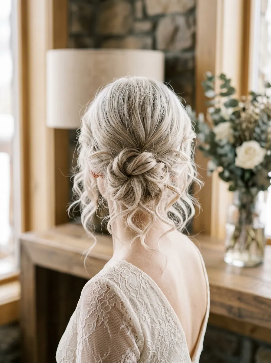 Tender Curl Knot bridal hairstyle idea for romantic updo wedding hairstyles for your big day with elegant textured finish