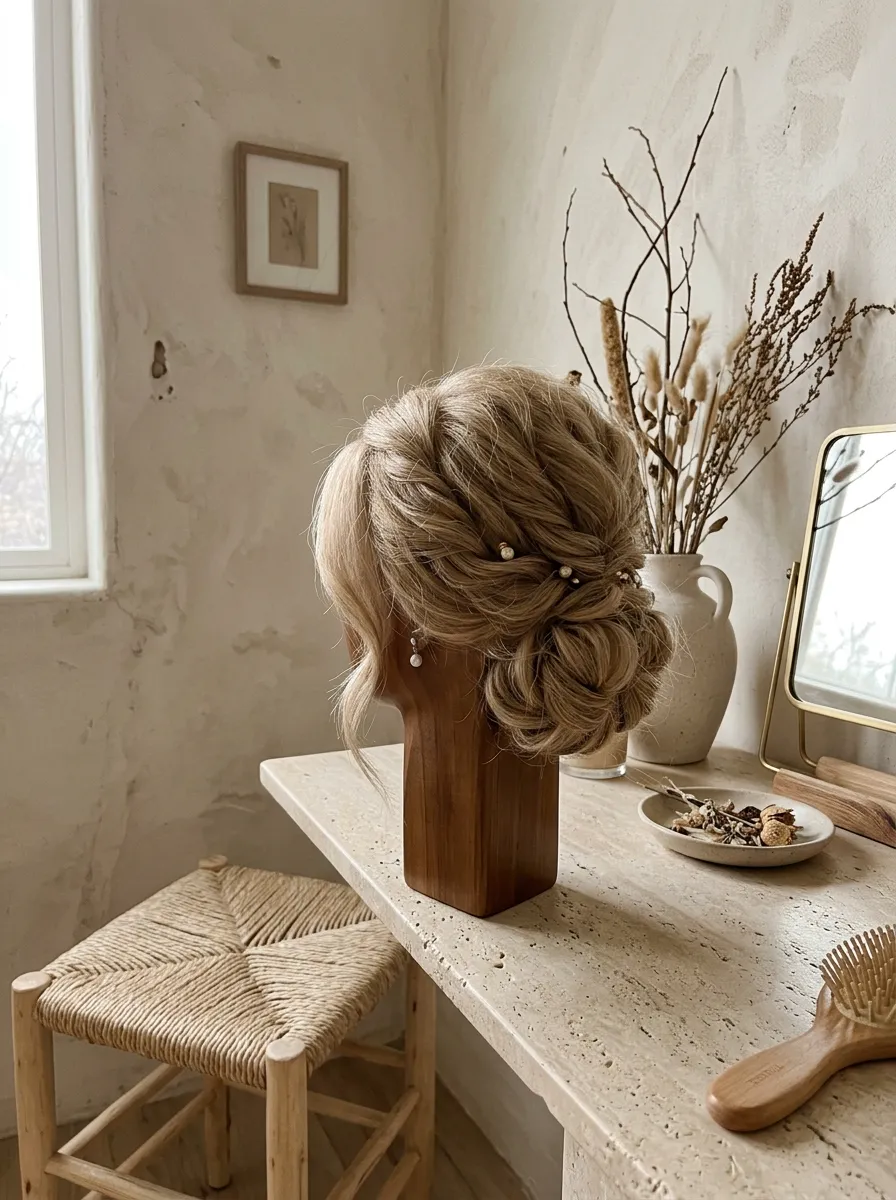 Textured Low Bun bridal hairstyle idea for fine hair wedding hairstyles that add volume fast with elegant textured finish