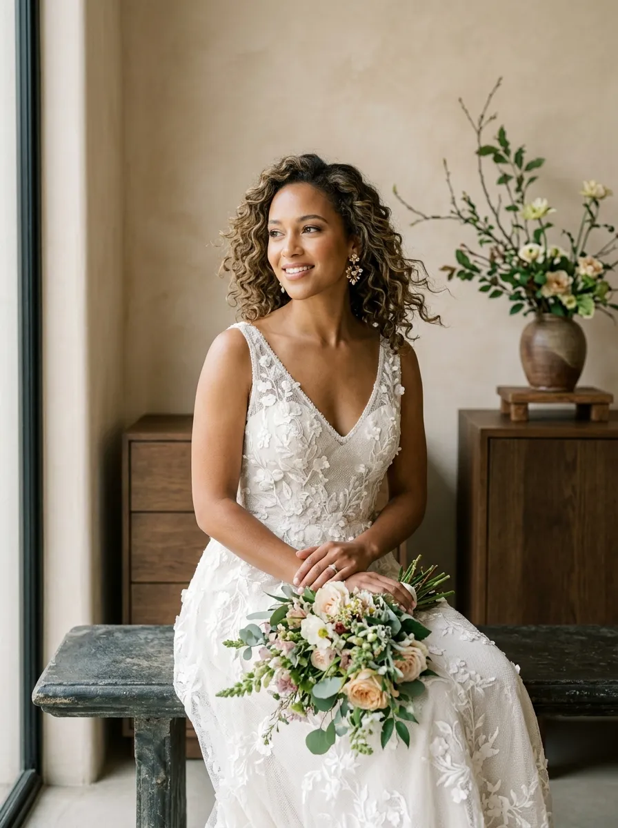 Textured Medium Curls bridal hairstyle idea for medium length wedding hairstyles for any bride with elegant textured finish