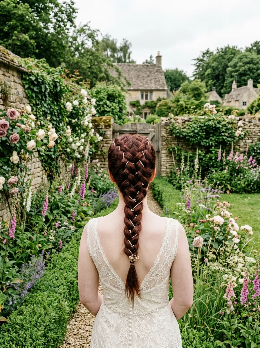 Tight Plaited Braid bridal hairstyle idea for outdoor wedding hairstyles that survive the wind with elegant textured finish