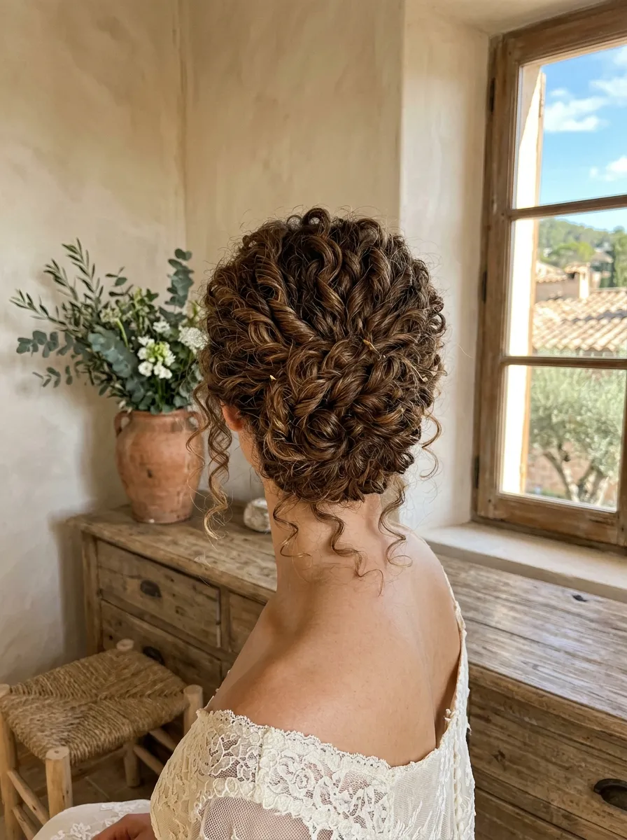 Tousled Twisted Bun bridal hairstyle idea for short curly hair wedding hairstyles to copy now with elegant textured finish