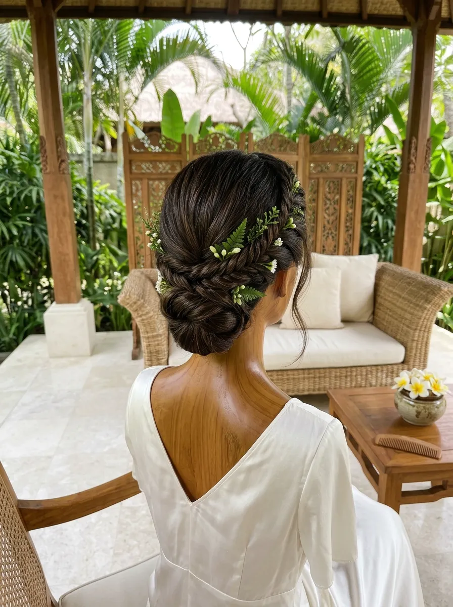 Tropical Braid Wrap: Destination bridal hairstyle idea for destination wedding hairstyles that beat the heat with elegant textured finish