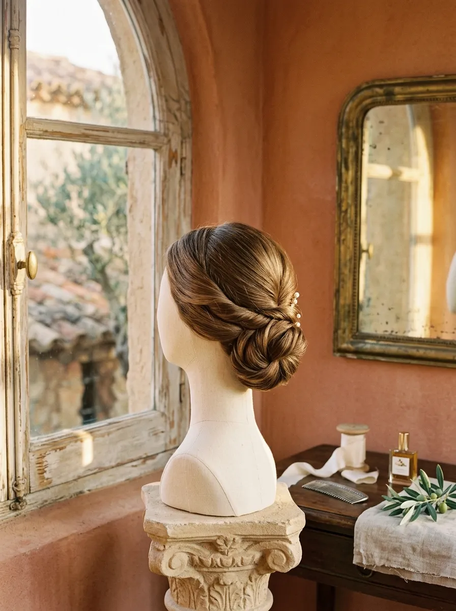 Twisted Bun Style bridal hairstyle idea for humid weather wedding hairstyles that never frizz with elegant textured finish