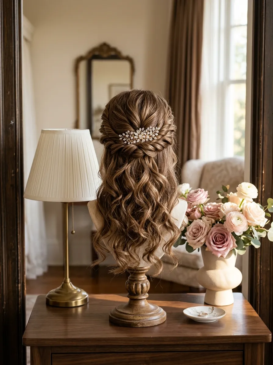 Twisted Half Updo bridal hairstyle idea for fine hair wedding hairstyles that add volume fast with elegant textured finish