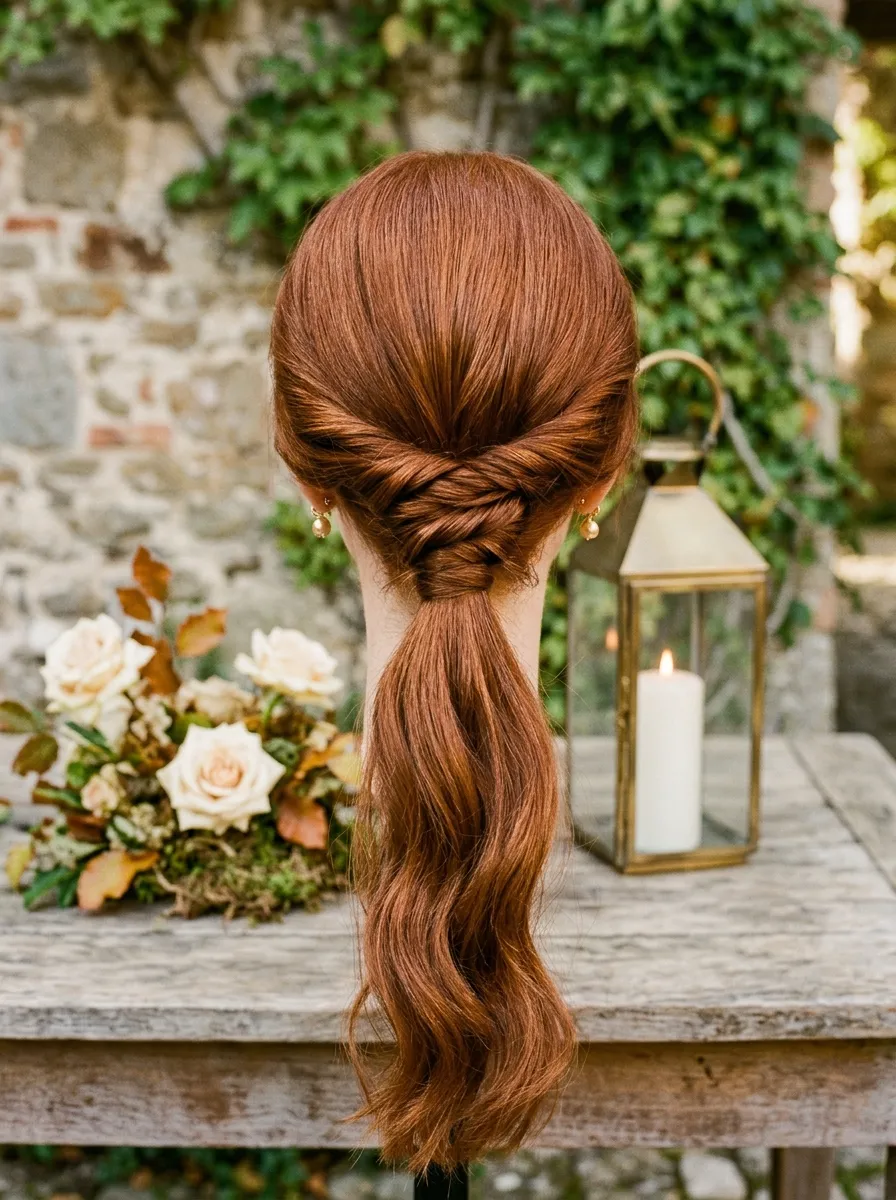 Twisted Pony Wrap bridal hairstyle idea for sleek low ponytail wedding hairstyles to copy now with elegant textured finish