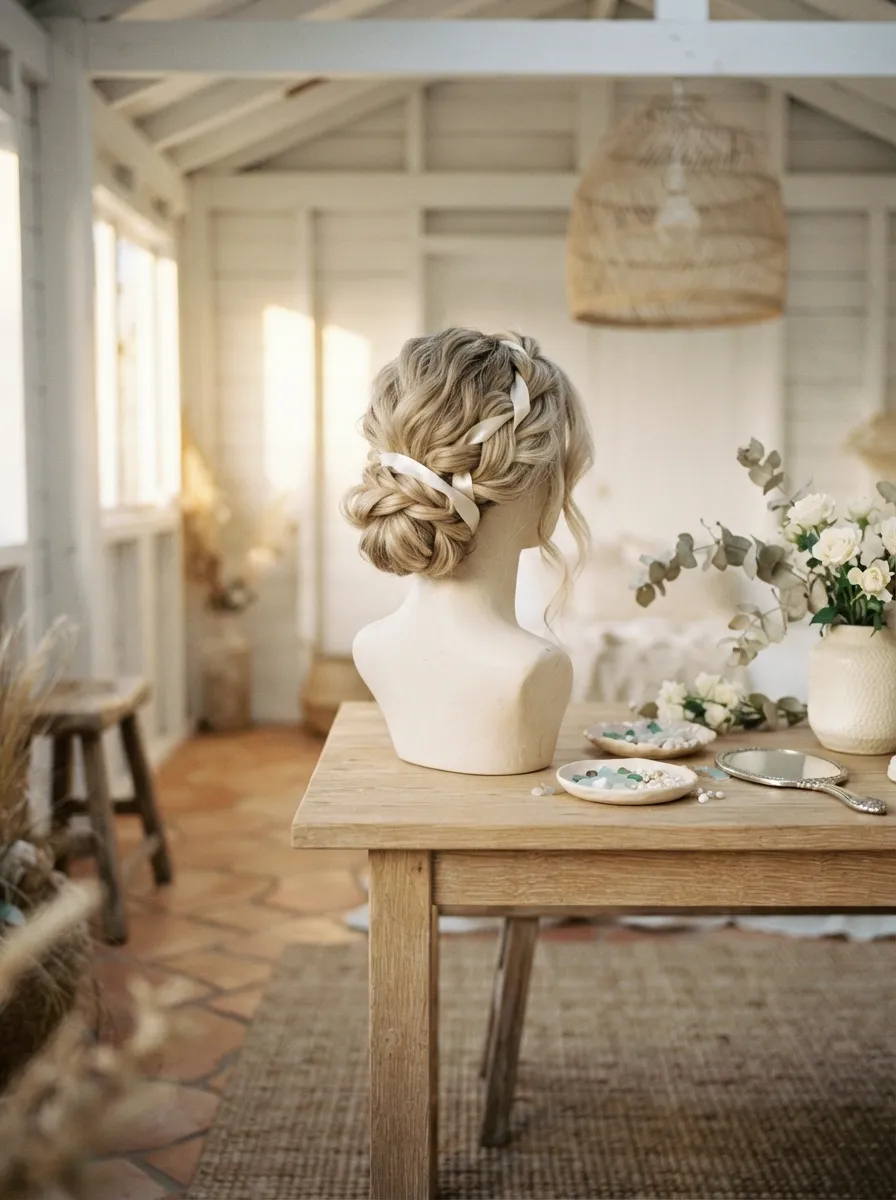 Twisted Ribbon Bun bridal hairstyle idea for twisted wedding hairstyles that look high-end chic with elegant textured finish