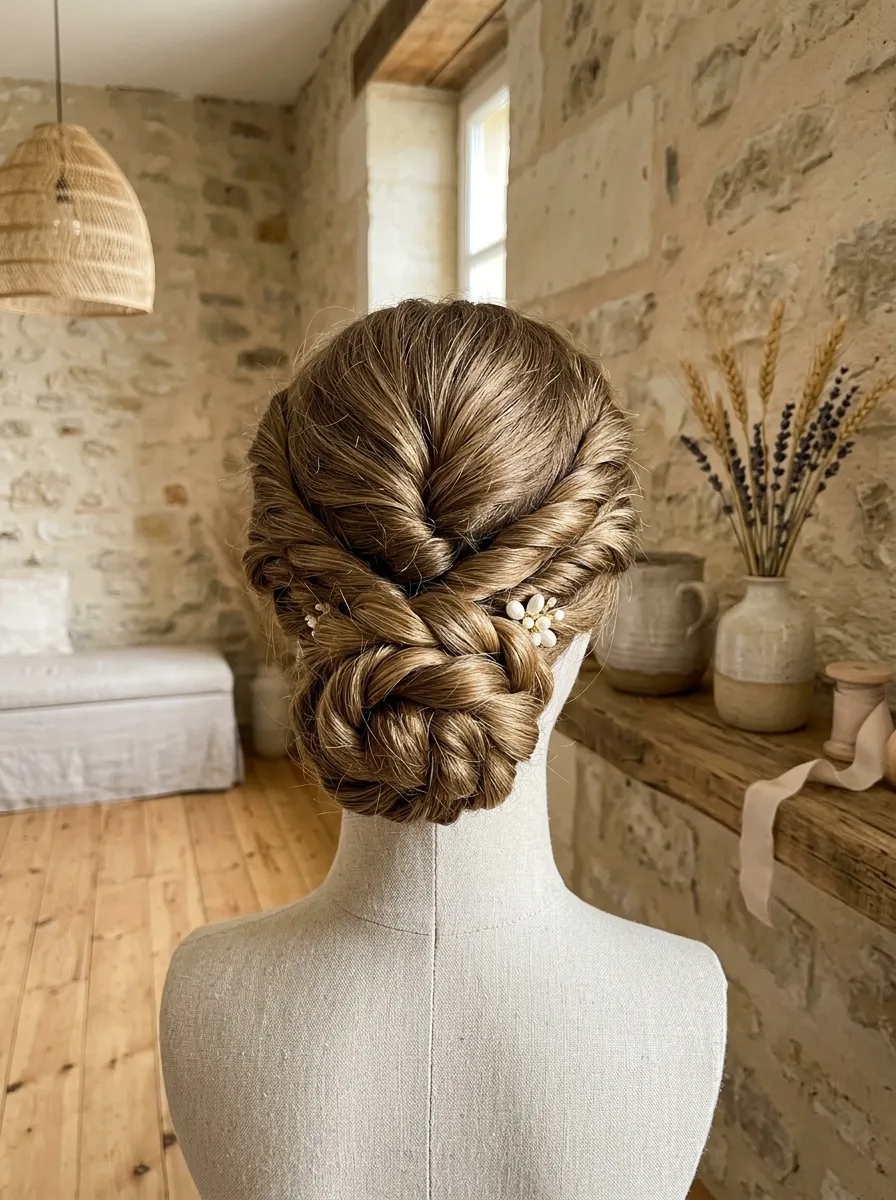 Twisted Rope Chignon bridal hairstyle idea for chignon wedding hairstyles for a classic bride look with elegant textured finish