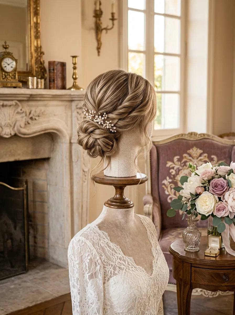 Twisted Side Updo bridal hairstyle idea for long layered hair wedding hairstyles to try now with elegant textured finish