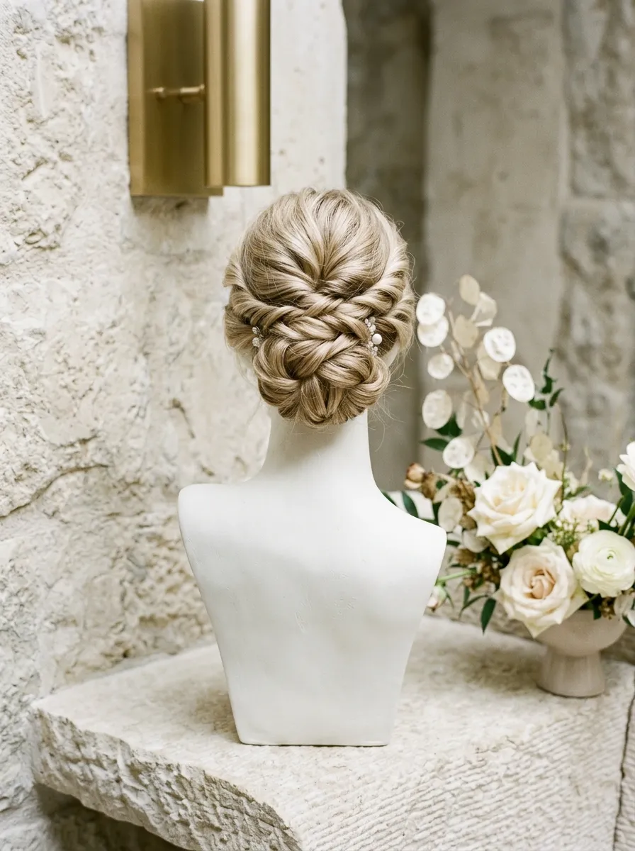 Twisted Updo Style bridal hairstyle idea for wedding hairstyles for chubby face brides will love with elegant textured finish