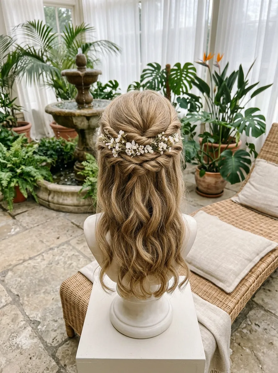 Twisted Waterfall Style bridal hairstyle idea for twisted wedding hairstyles that look high-end chic with elegant textured finish