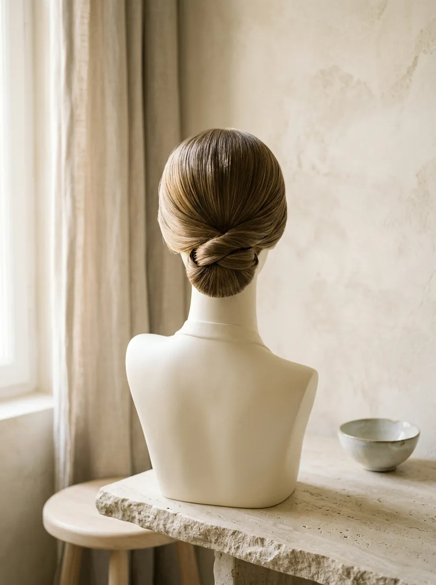 Unadorned Low Twist bridal hairstyle idea for minimalist wedding hairstyles for a modern bride with elegant textured finish