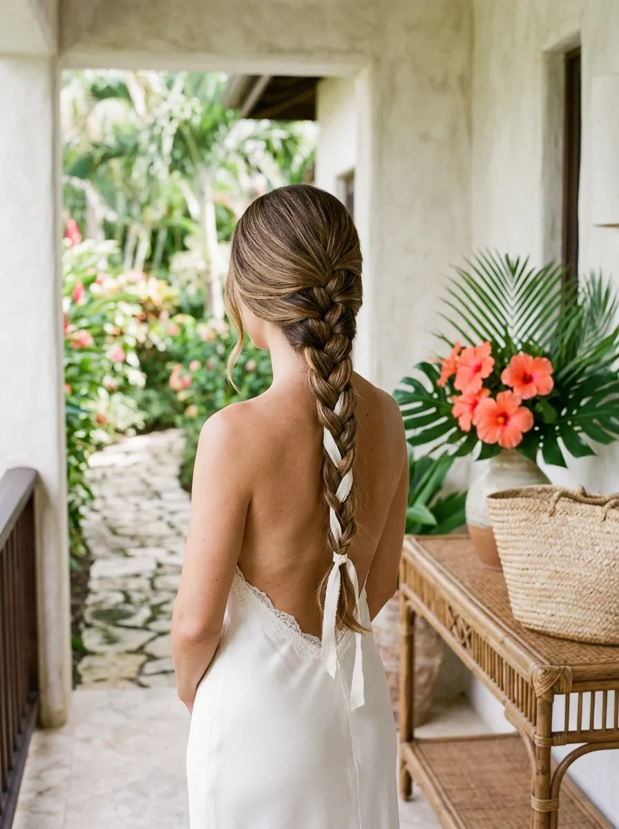 Vacation Ready Braid bridal hairstyle idea for destination wedding hairstyles that beat the heat with elegant textured finish