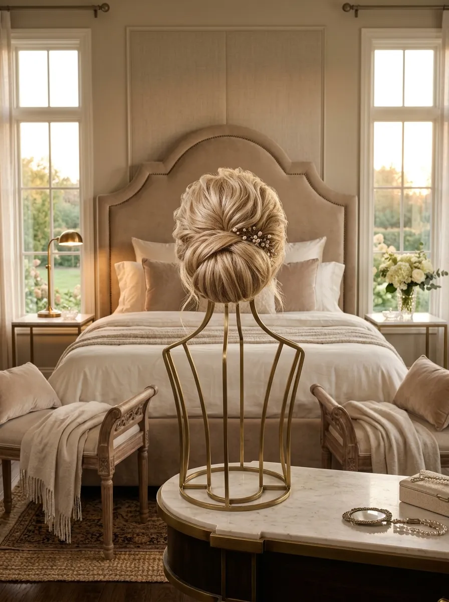 Voluminous Chignon Roll bridal hairstyle idea for chignon wedding hairstyles for a classic bride look with elegant textured finish