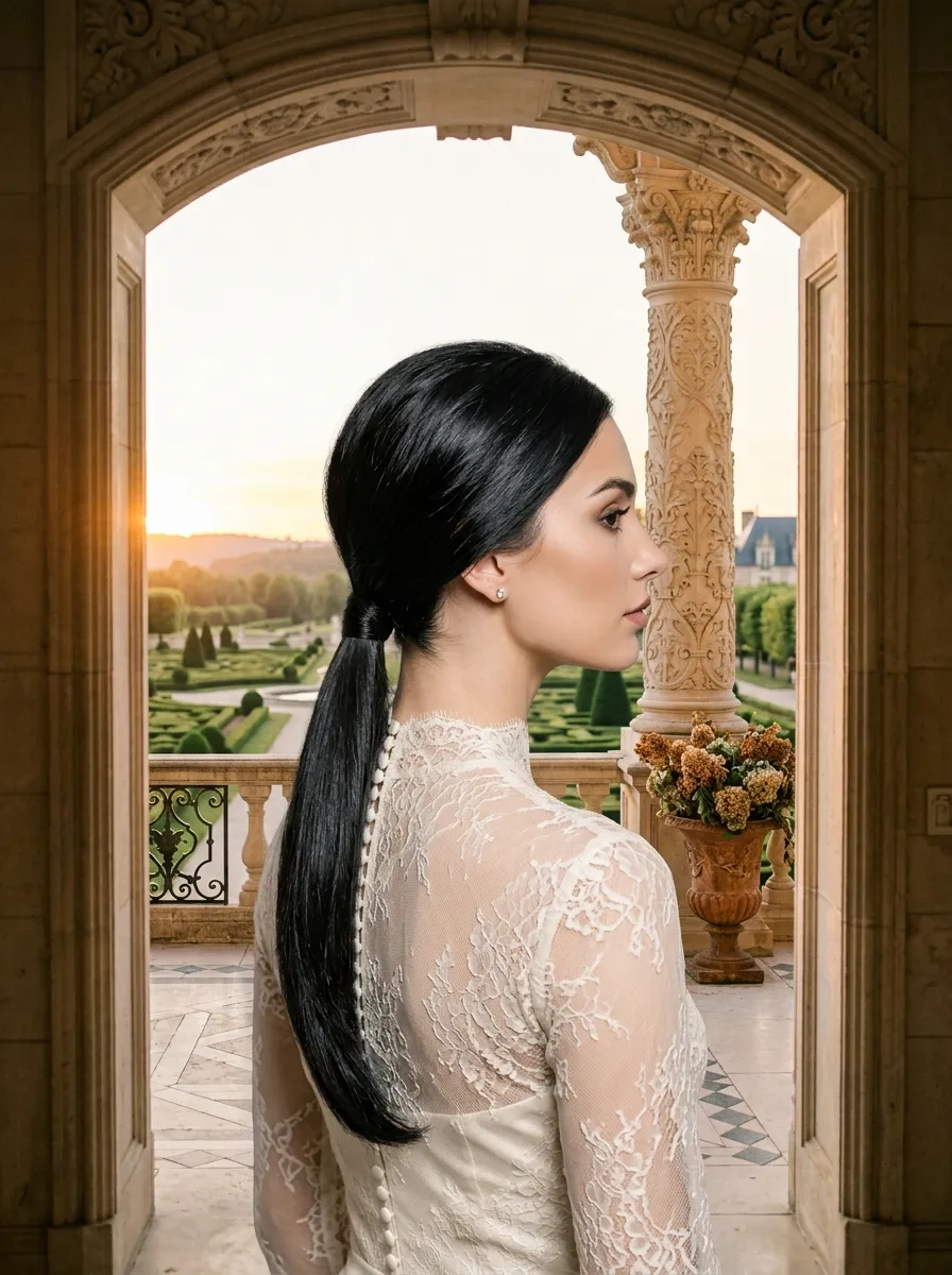 Voluminous Crown Pony bridal hairstyle idea for sleek low ponytail wedding hairstyles to copy now with elegant textured finish