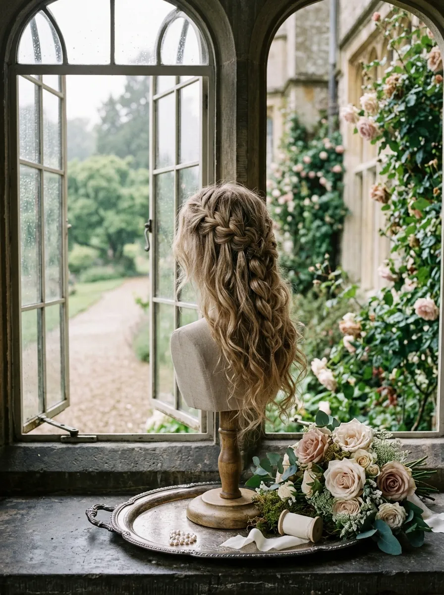 Waterfall Braid Look bridal hairstyle idea for fine hair wedding hairstyles that add volume fast with elegant textured finish