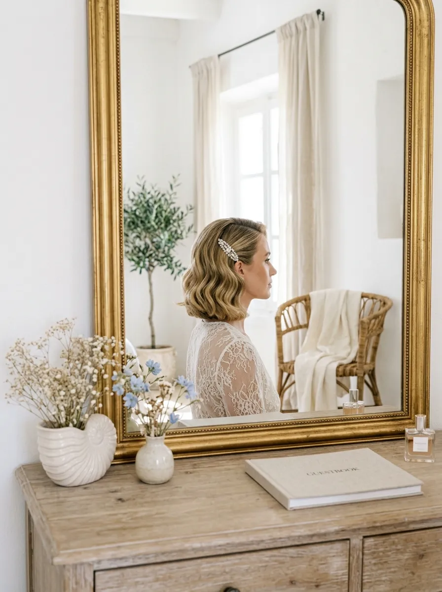 Wavy Bob Clipped bridal hairstyle idea for short curly hair wedding hairstyles to copy now with elegant textured finish