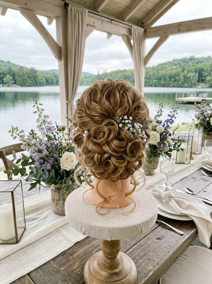 Whimsical Curl Updo bridal hairstyle idea for romantic updo wedding hairstyles for your big day with elegant textured finish