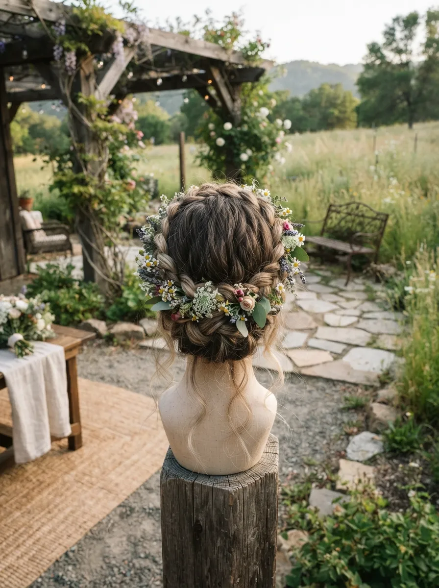 Wildflower Braid Crown bridal hairstyle idea for western wedding hairstyles for a rustic, chic bride with elegant textured finish