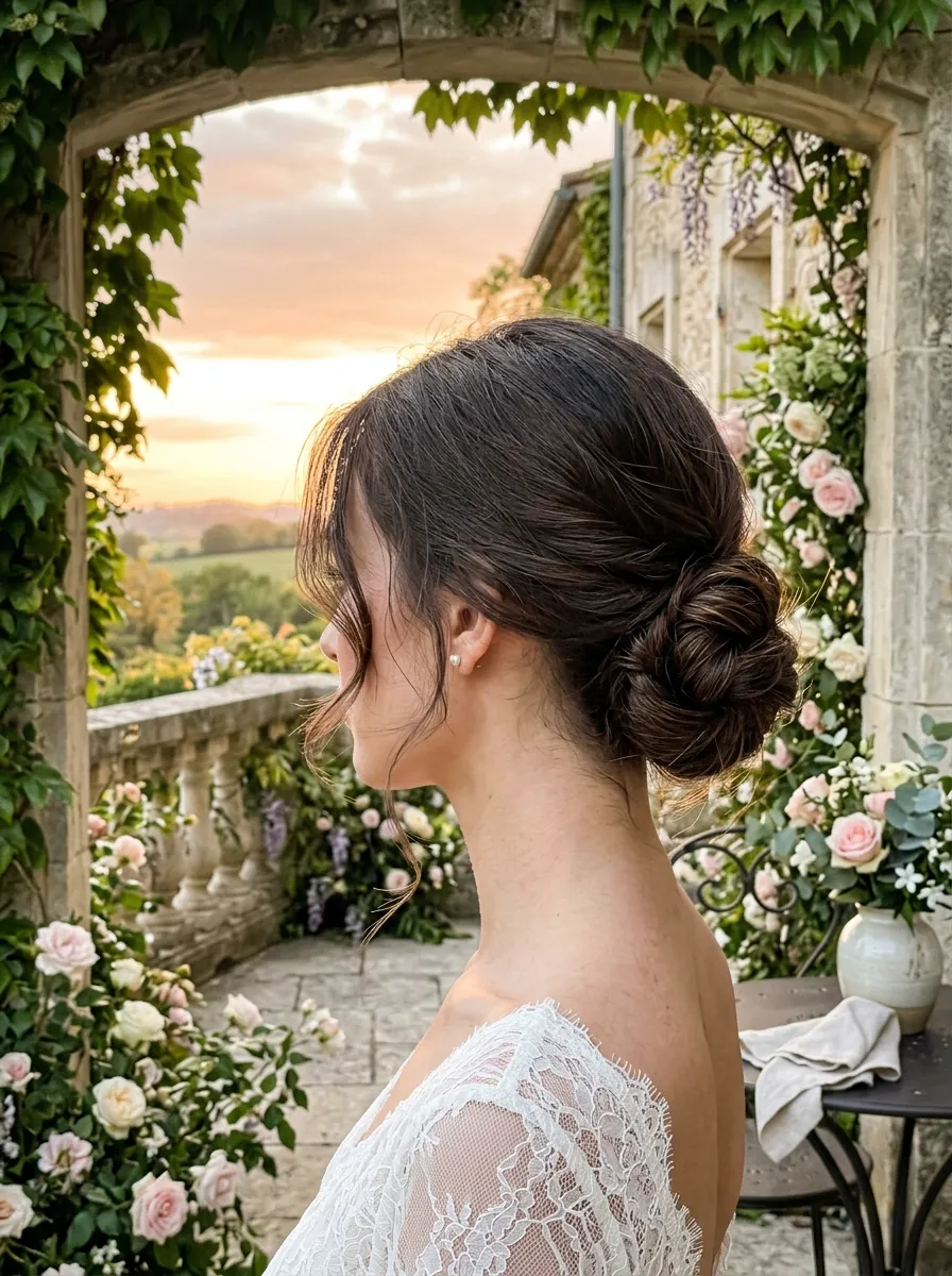 Wispy Framed Chignon bridal hairstyle idea for outdoor wedding hairstyles that survive the wind with elegant textured finish