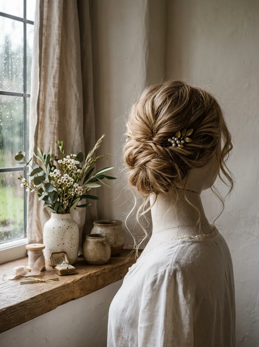 Wispy Layer Updo bridal hairstyle idea for wedding hairstyles for layers that add movement with elegant textured finish