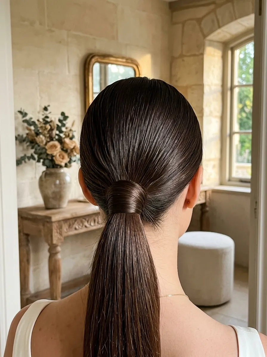 Wrapped Ponytail Base bridal hairstyle idea for sleek low ponytail wedding hairstyles to copy now with elegant textured finish